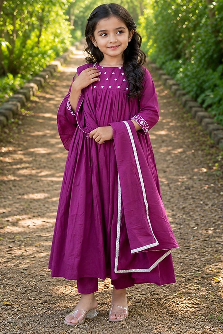 Burgundy Cotton Mirror Work Anarkali Set For Girls by House Of Jamoti Kids at Pernia's Pop Up Shop