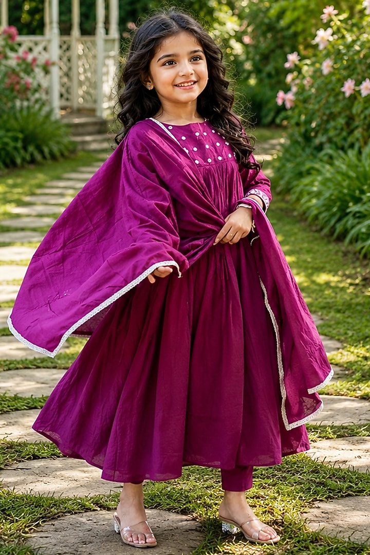 Burgundy Cotton Mirror Work Anarkali Set For Girls by House Of Jamoti Kids at Pernia's Pop Up Shop