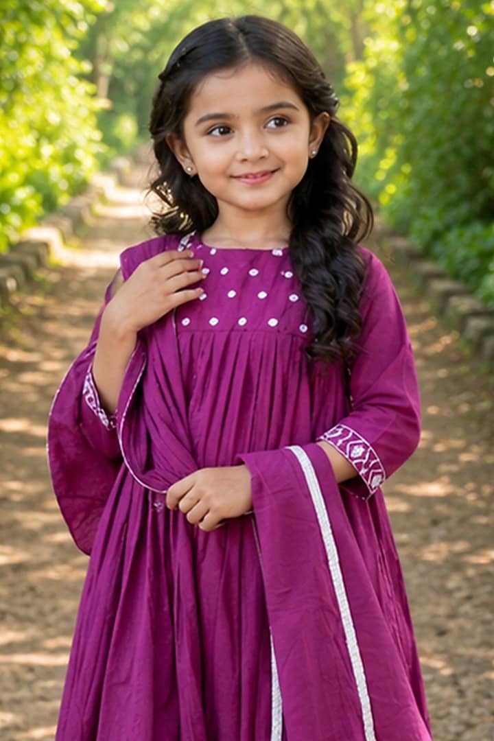 Burgundy Cotton Mirror Work Anarkali Set For Girls by House Of Jamoti Kids at Pernia's Pop Up Shop