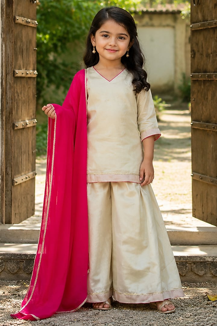 Ivory Tissue Kurta Set For Girls by House Of Jamoti Kids at Pernia's Pop Up Shop