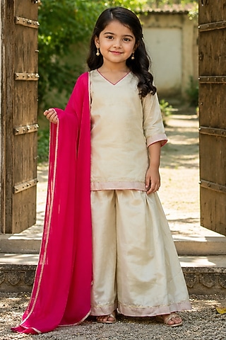 Ivory Tissue Kurta Set For Girls by House Of Jamoti Kids