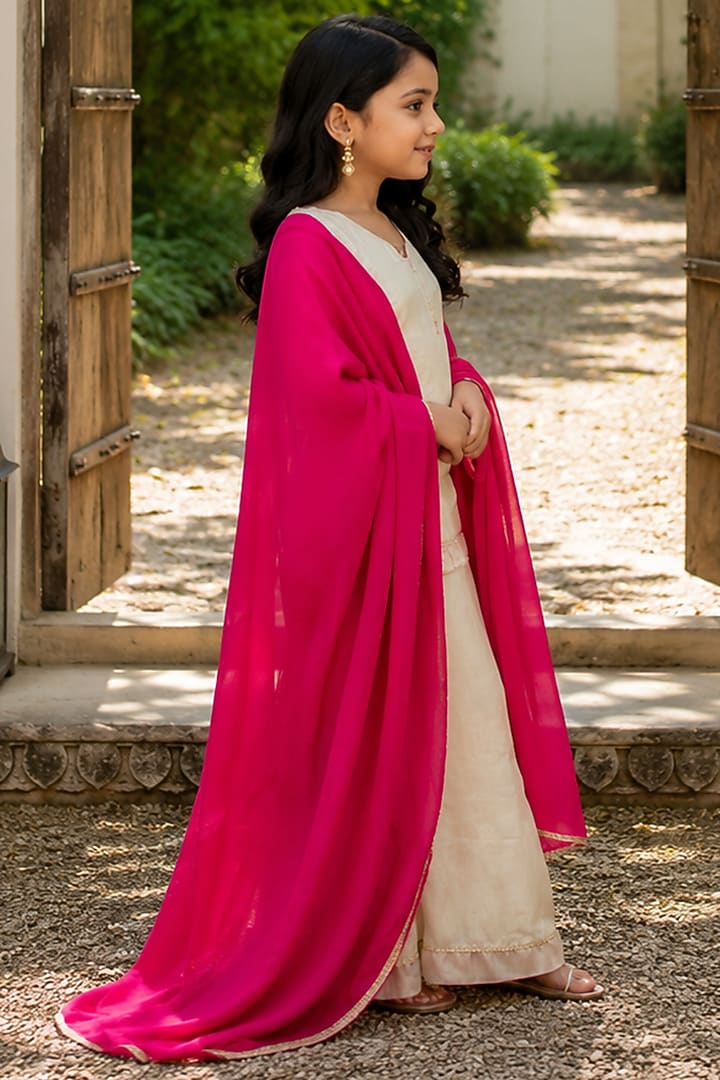 Ivory Tissue Kurta Set For Girls by House Of Jamoti Kids at Pernia's Pop Up Shop