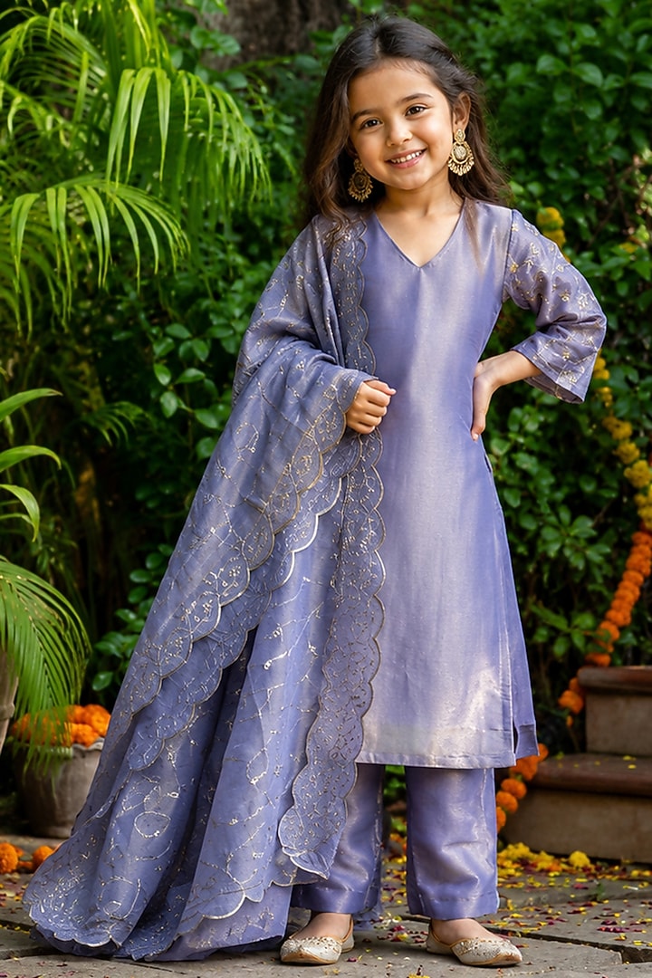 Lilac Tissue Embroidered Straight Kurta Set For Girls by House Of Jamoti Kids at Pernia's Pop Up Shop