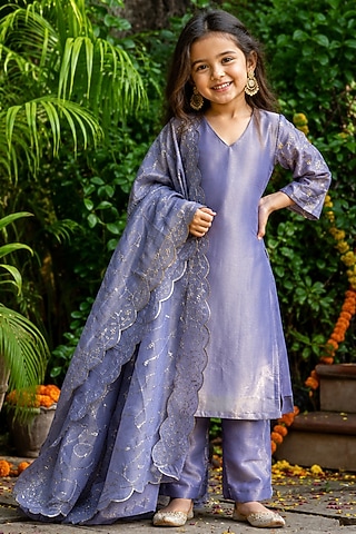 Lilac Tissue Embroidered Straight Kurta Set For Girls by House Of Jamoti Kids