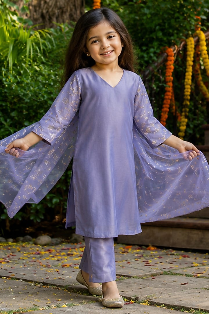 Lilac Tissue Embroidered Straight Kurta Set For Girls by House Of Jamoti Kids at Pernia's Pop Up Shop