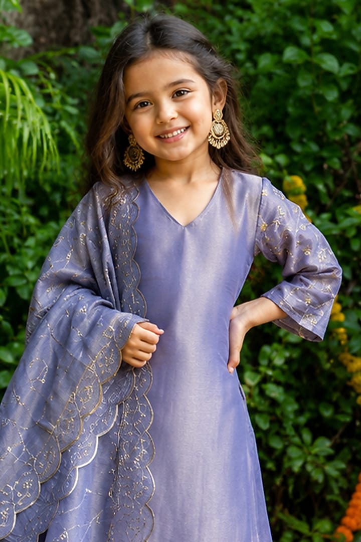 Lilac Tissue Embroidered Straight Kurta Set For Girls by House Of Jamoti Kids at Pernia's Pop Up Shop
