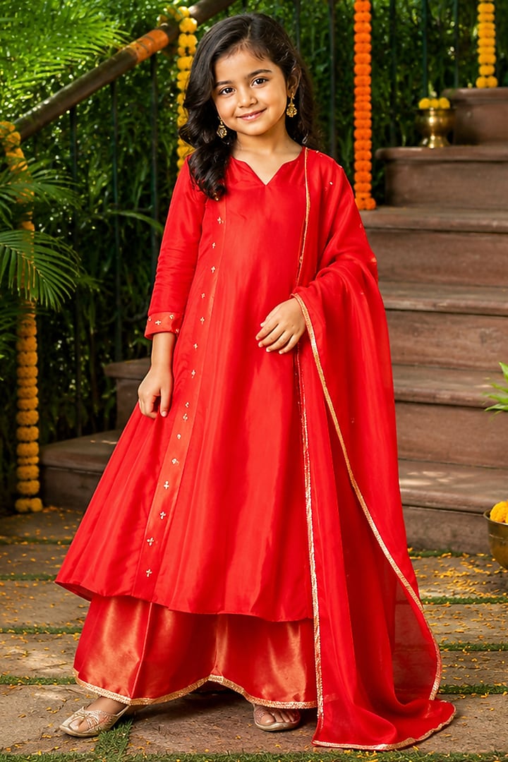 Red Tissue Bead Embroidered Kurta Set For Girls by House Of Jamoti Kids at Pernia's Pop Up Shop