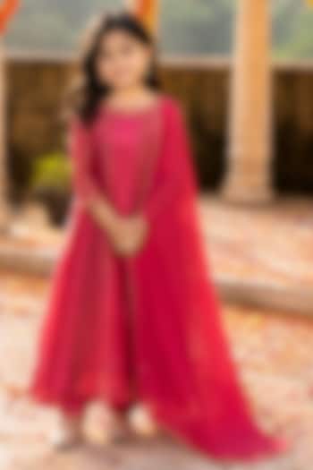 Raspberry Pink Upada Silk Hand Embroidered Anarkali Set For Girls by House Of Jamoti Kids at Pernia's Pop Up Shop
