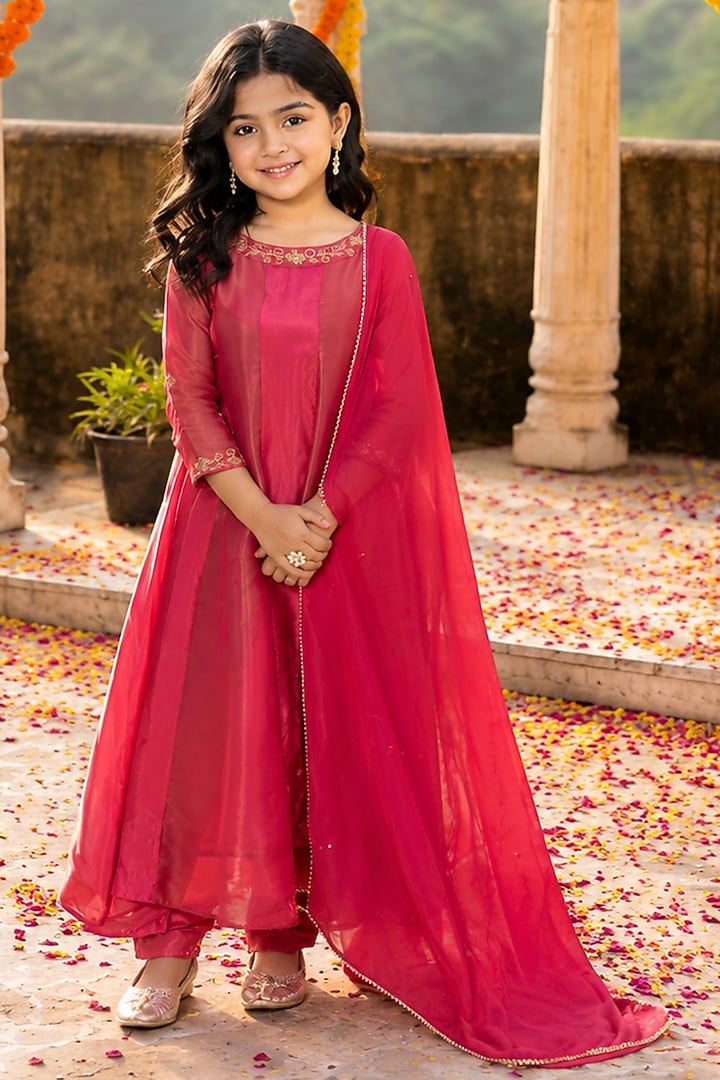 Raspberry Pink Upada Silk Hand Embroidered Anarkali Set For Girls by House Of Jamoti Kids at Pernia's Pop Up Shop