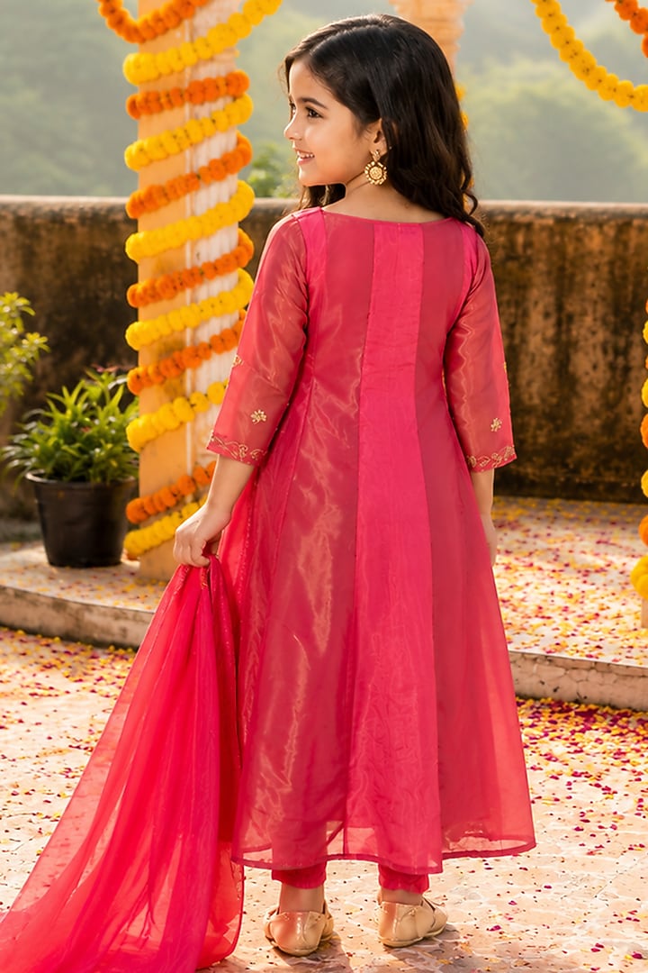 Raspberry Pink Upada Silk Hand Embroidered Anarkali Set For Girls by House Of Jamoti Kids at Pernia's Pop Up Shop