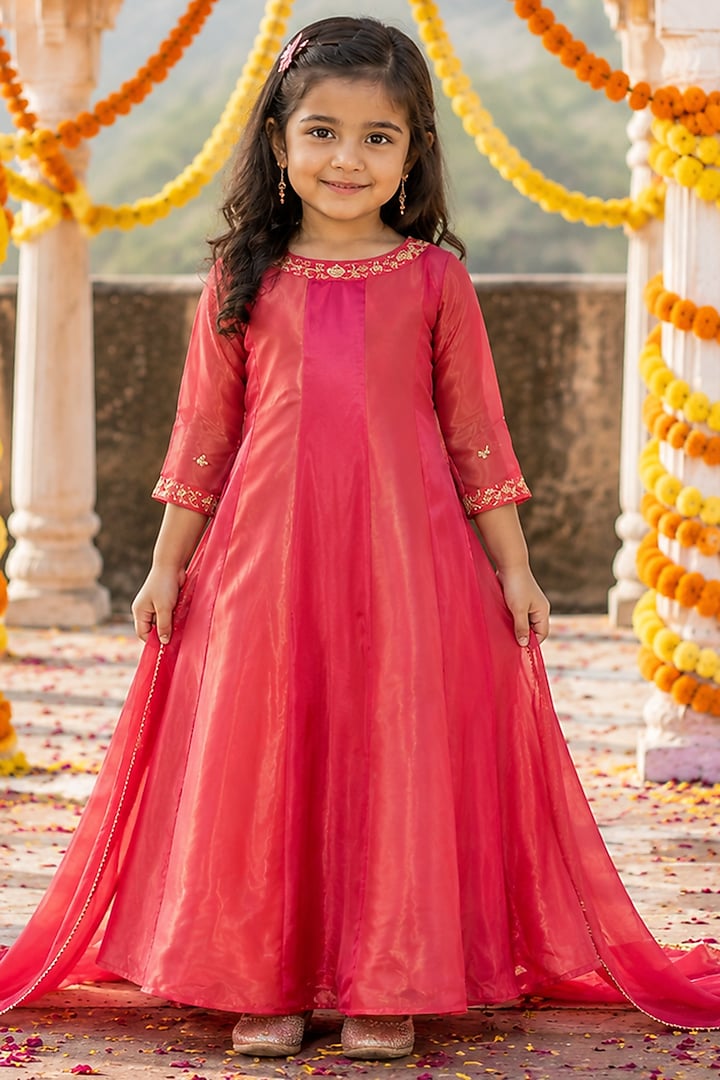 Raspberry Pink Upada Silk Hand Embroidered Anarkali Set For Girls by House Of Jamoti Kids at Pernia's Pop Up Shop