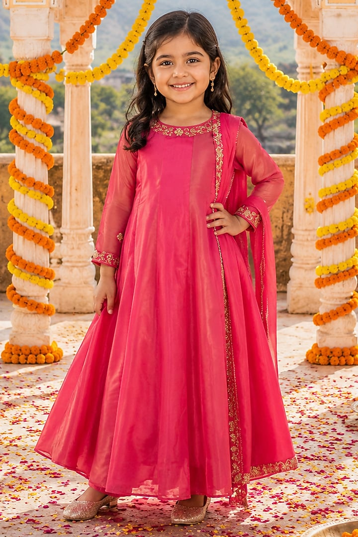 Raspberry Pink Upada Silk Hand Embroidered Anarkali Set For Girls by House Of Jamoti Kids at Pernia's Pop Up Shop