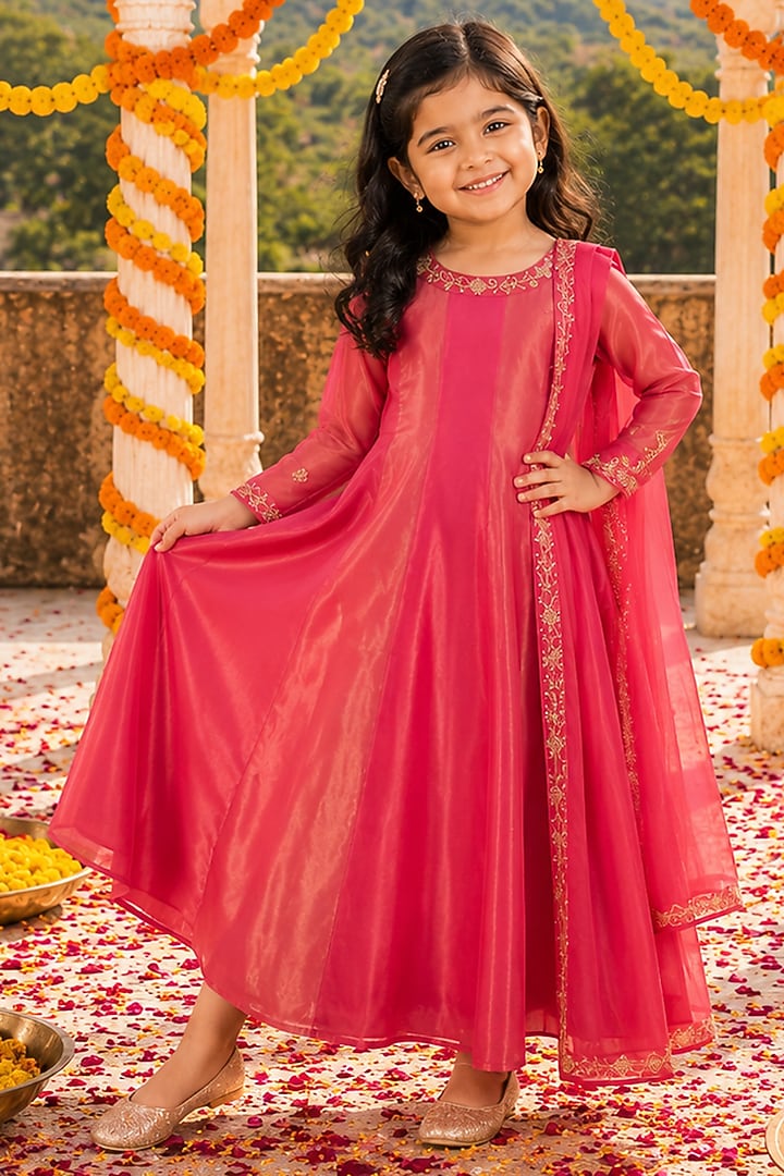 Raspberry Pink Upada Silk Hand Embroidered Anarkali Set For Girls by House Of Jamoti Kids at Pernia's Pop Up Shop