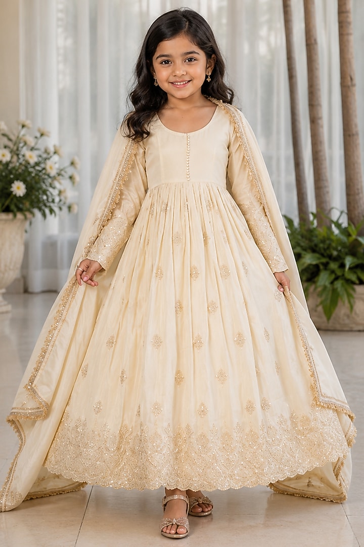 Off-White Tissue Gold Embroidered Anarkali Set For Girls by House Of Jamoti Kids at Pernia's Pop Up Shop