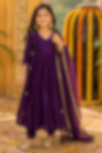 Deep Purple Upada Silk Anarkali Set For Girls by House Of Jamoti Kids at Pernia's Pop Up Shop