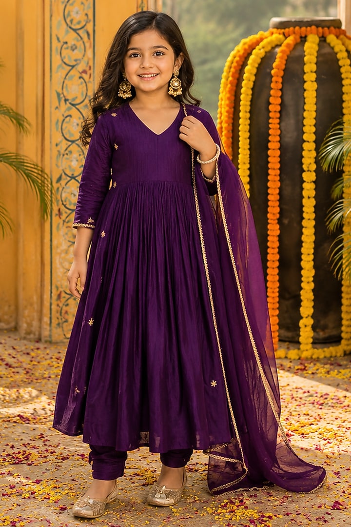 Deep Purple Upada Silk Anarkali Set For Girls by House Of Jamoti Kids at Pernia's Pop Up Shop