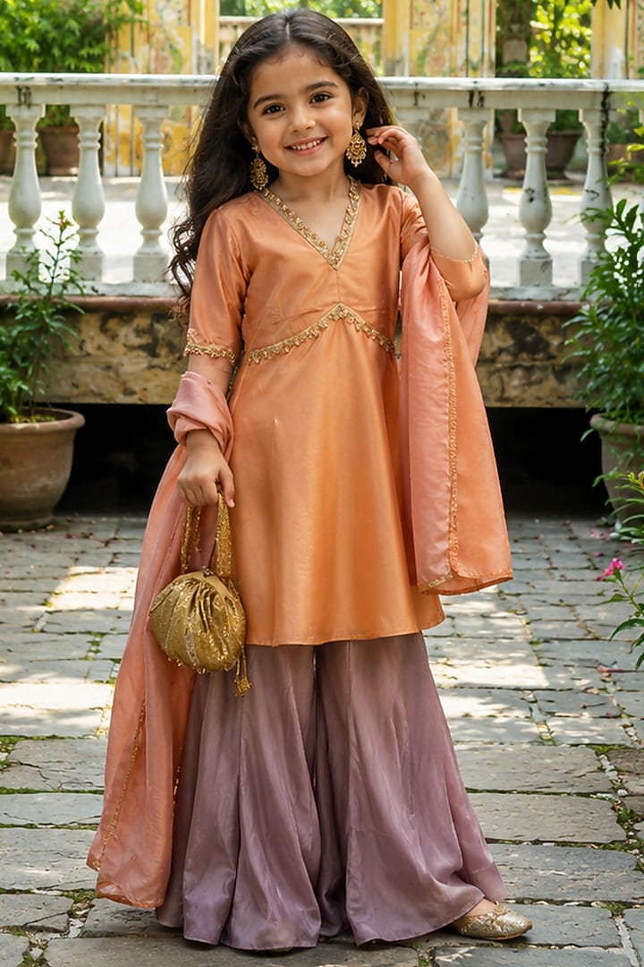 Blush Peach Tissue Sharara Set For Girls by House Of Jamoti Kids at Pernia's Pop Up Shop