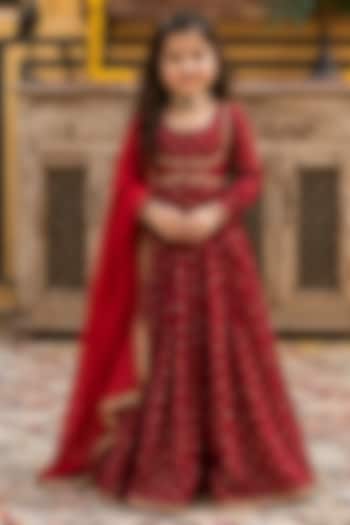 Red Chanderi Floral Motifs Work Anarkali Set For Girls by House Of Jamoti Kids at Pernia's Pop Up Shop