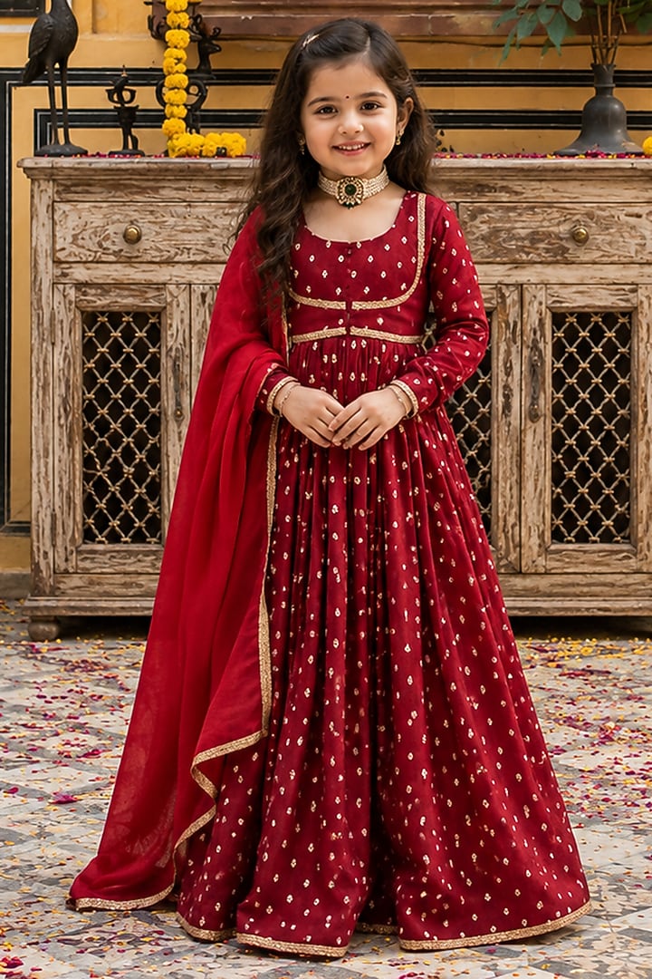 Red Chanderi Floral Motifs Work Anarkali Set For Girls by House Of Jamoti Kids at Pernia's Pop Up Shop