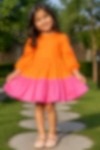 Orange & Pink Cotton Dress For Girls by House Of Jamoti Kids at Pernia's Pop Up Shop