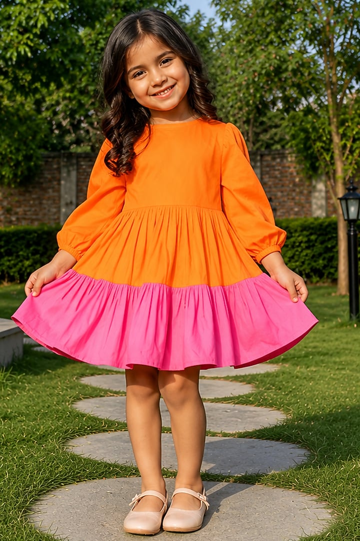 Orange & Pink Cotton Dress For Girls by House Of Jamoti Kids at Pernia's Pop Up Shop
