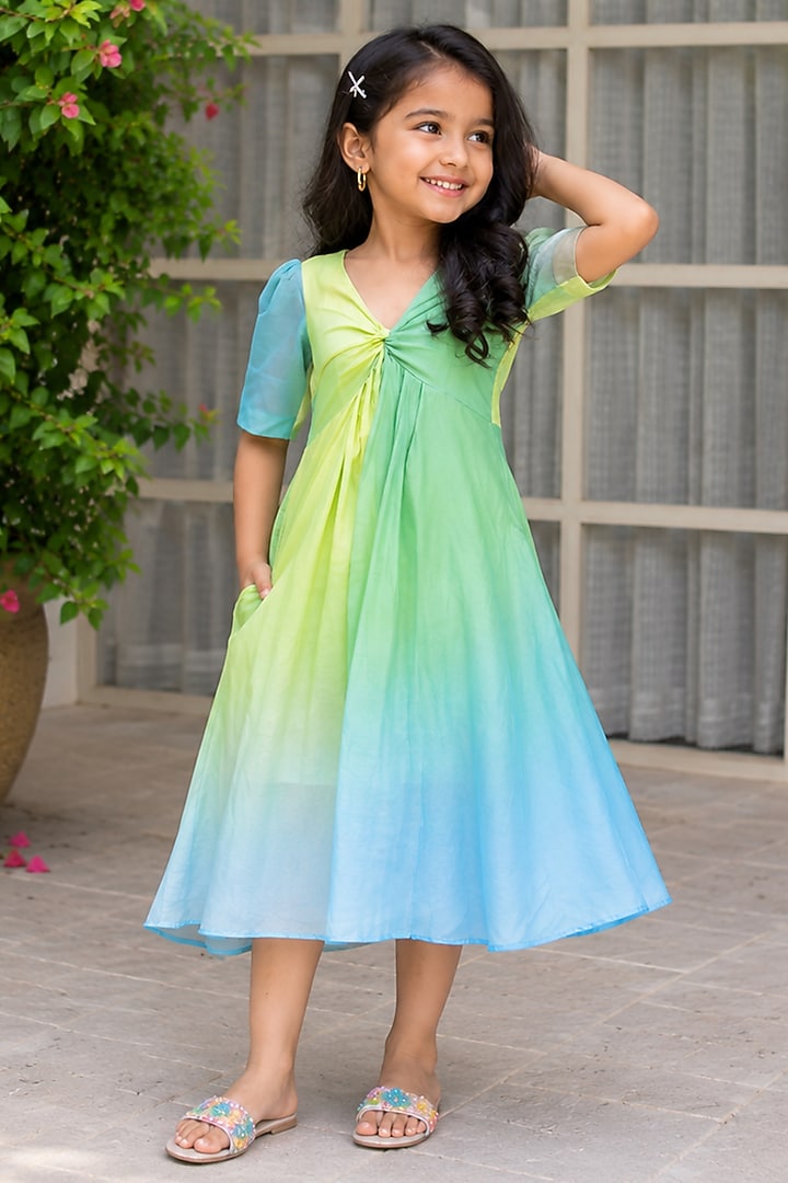 Green Ombre Chanderi Dress For Girls by House Of Jamoti Kids at Pernia's Pop Up Shop