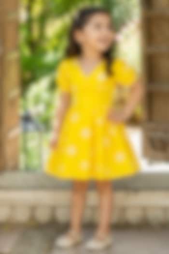 Yellow Cotton Floral Embroidered Dress For Girls by House Of Jamoti Kids at Pernia's Pop Up Shop