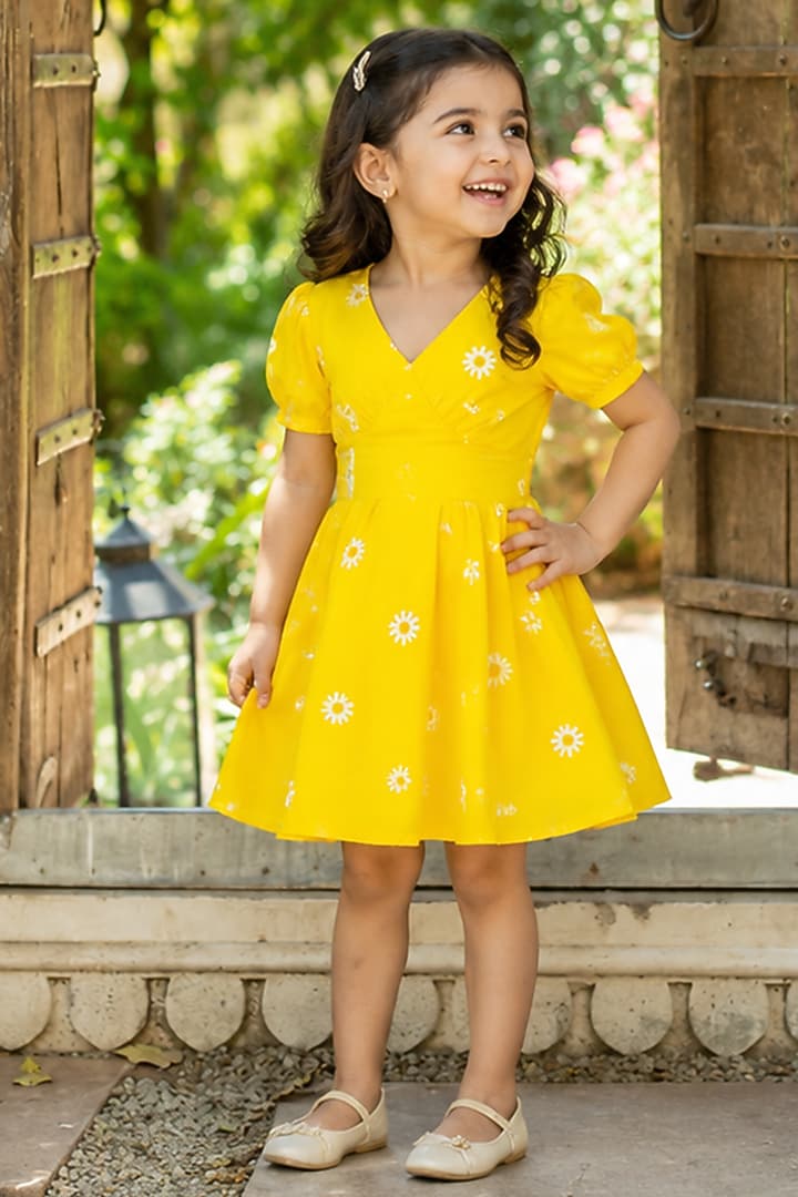 Yellow Cotton Floral Embroidered Dress For Girls by House Of Jamoti Kids at Pernia's Pop Up Shop