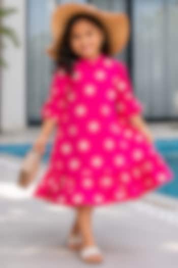 Pink Tissue Floral Embroidered Dress For Girls by House Of Jamoti Kids at Pernia's Pop Up Shop