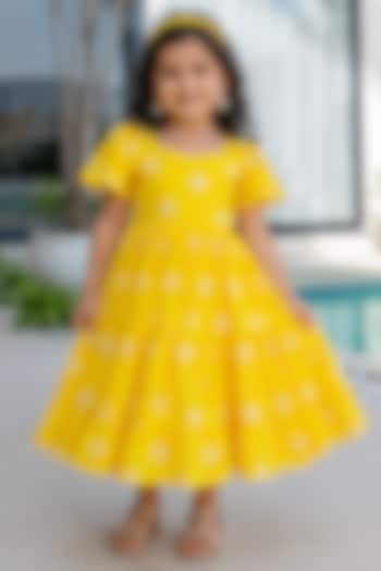 Yellow Kora Cotton Floral Embroidered Midi Dress For Girls by House Of Jamoti Kids at Pernia's Pop Up Shop