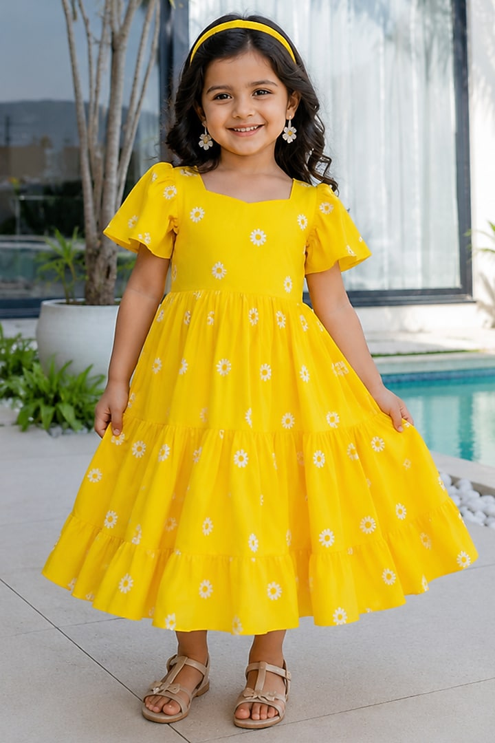 Yellow Kora Cotton Floral Embroidered Midi Dress For Girls by House Of Jamoti Kids at Pernia's Pop Up Shop