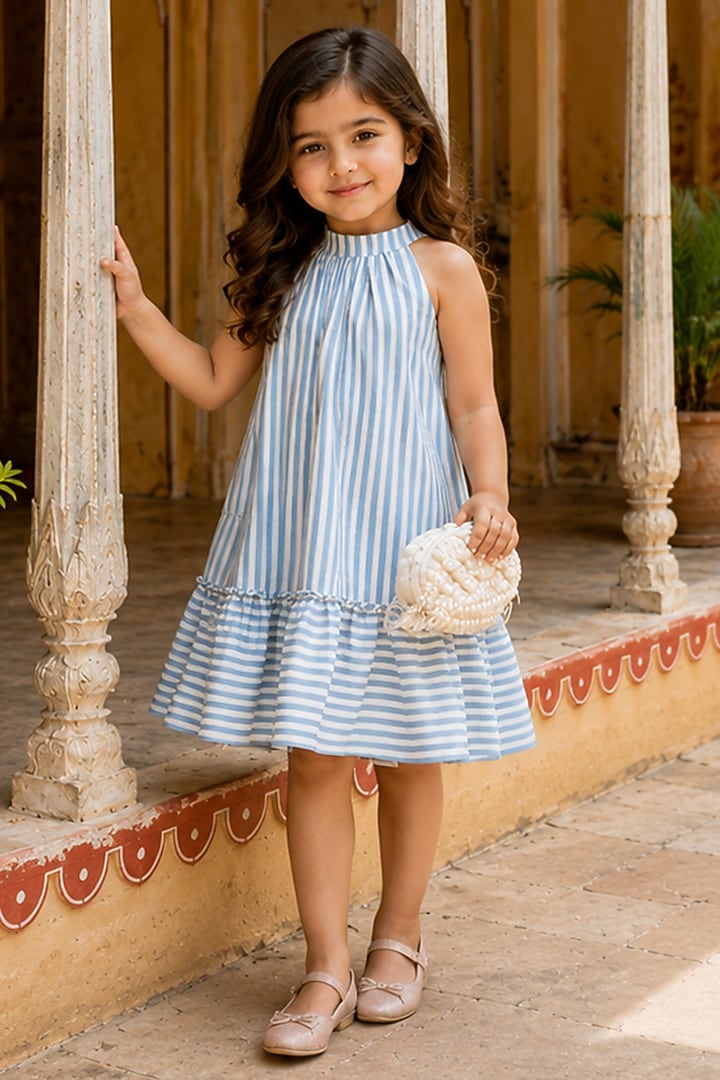 Blue & White Viscose Striped Dress For Girls by House Of Jamoti Kids at Pernia's Pop Up Shop