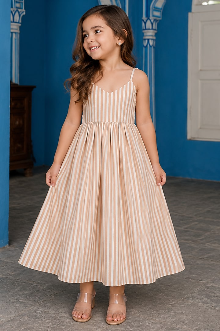 Beige & White Viscose Striped Dress For Girls by House Of Jamoti Kids at Pernia's Pop Up Shop