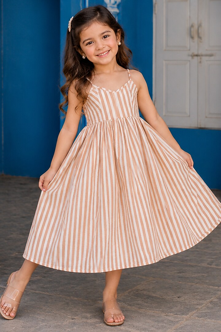 Beige & White Viscose Striped Dress For Girls by House Of Jamoti Kids at Pernia's Pop Up Shop
