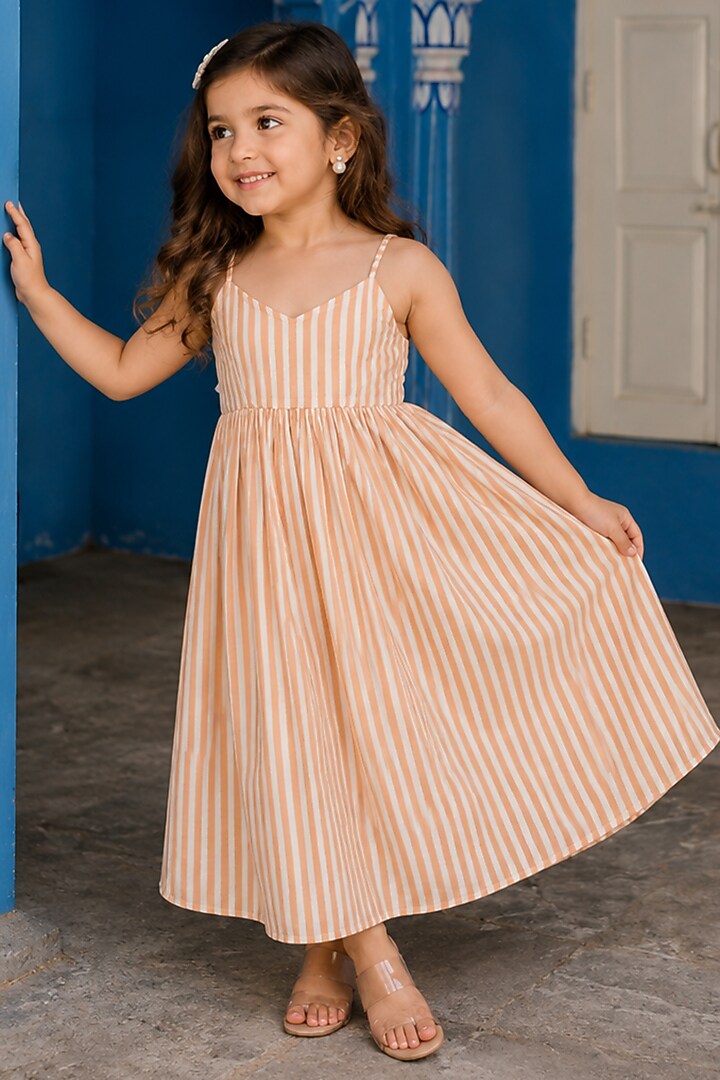 Beige & White Viscose Striped Dress For Girls by House Of Jamoti Kids at Pernia's Pop Up Shop