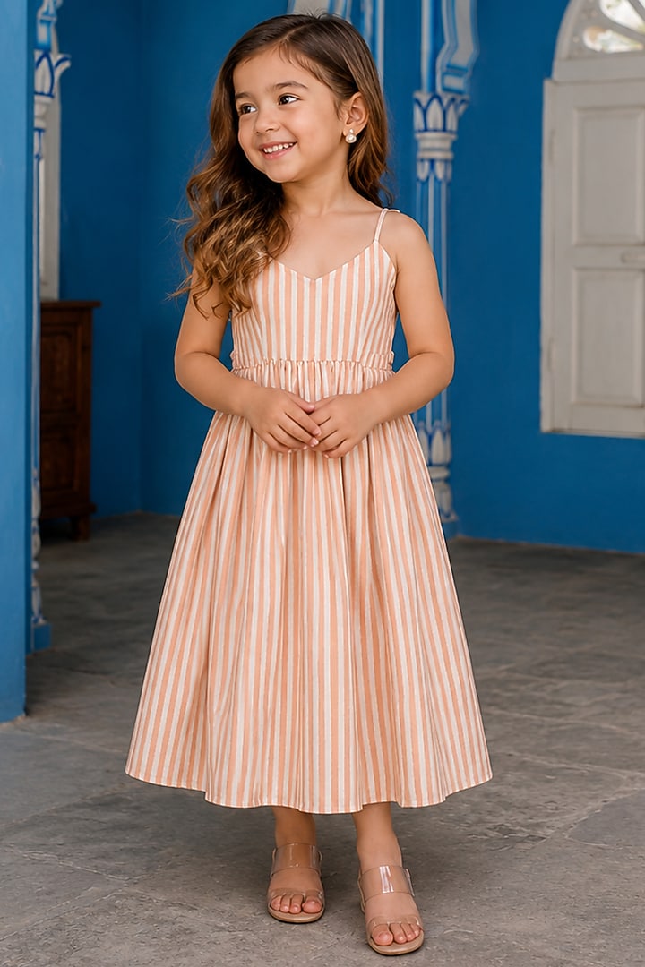 Beige & White Viscose Striped Dress For Girls by House Of Jamoti Kids at Pernia's Pop Up Shop