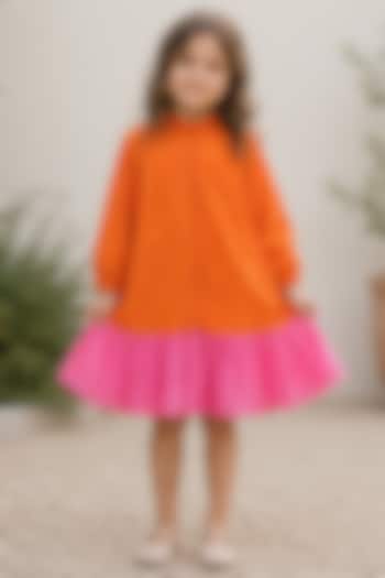 Orange & Pink Cotton Ruffled Dress For Girls by House Of Jamoti Kids at Pernia's Pop Up Shop