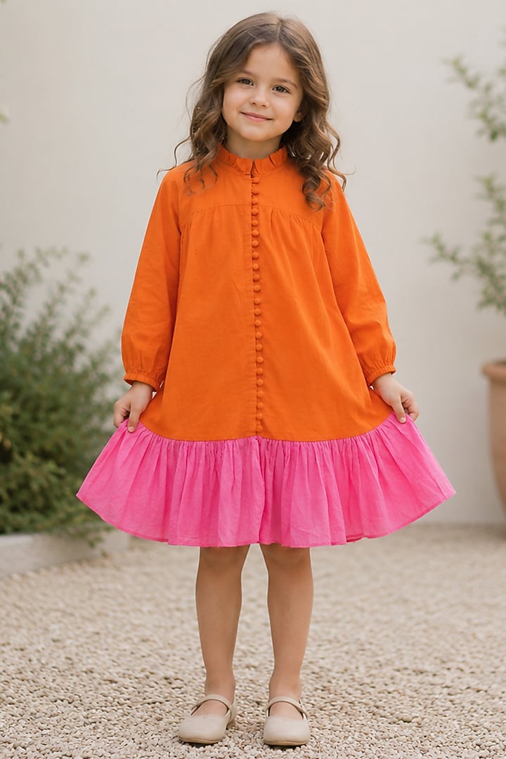 Orange & Pink Cotton Ruffled Dress For Girls by House Of Jamoti Kids at Pernia's Pop Up Shop