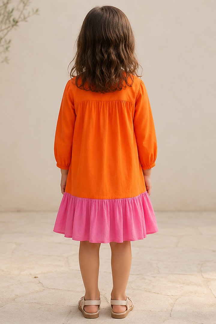 Orange & Pink Cotton Ruffled Dress For Girls by House Of Jamoti Kids at Pernia's Pop Up Shop