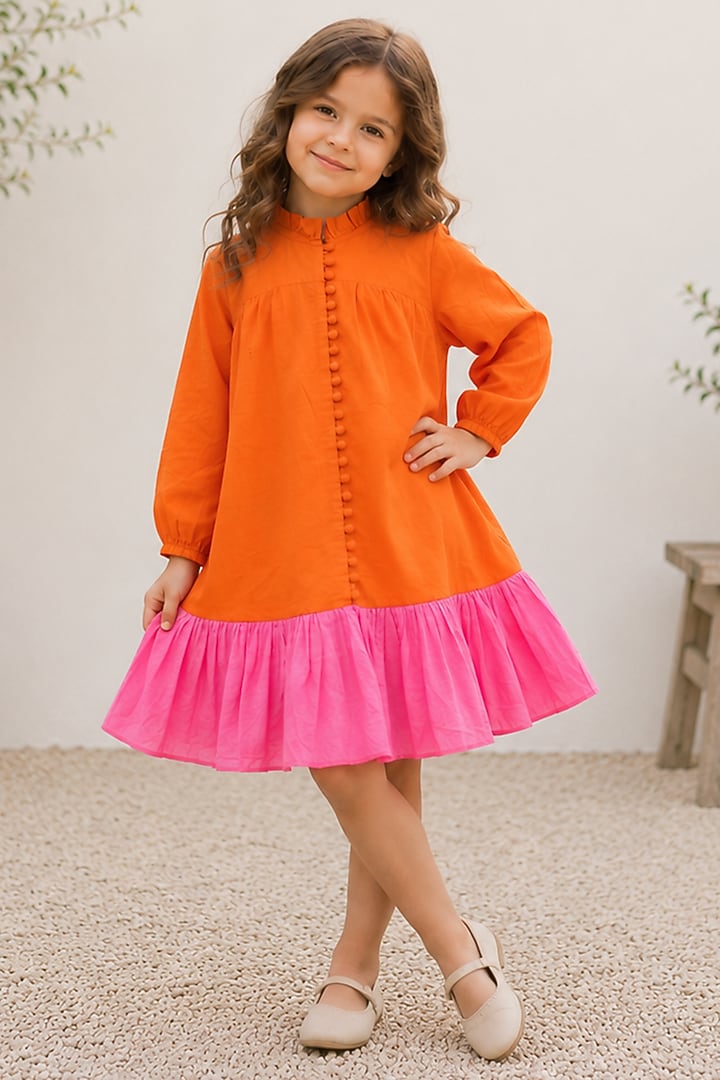 Orange & Pink Cotton Ruffled Dress For Girls by House Of Jamoti Kids at Pernia's Pop Up Shop