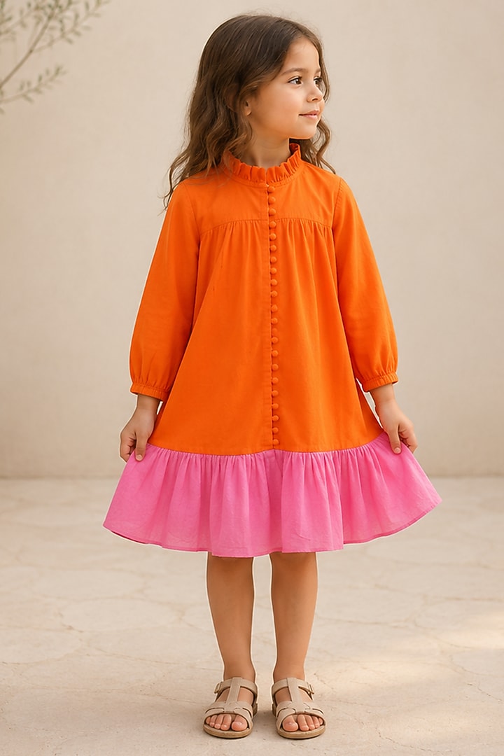 Orange & Pink Cotton Ruffled Dress For Girls by House Of Jamoti Kids at Pernia's Pop Up Shop