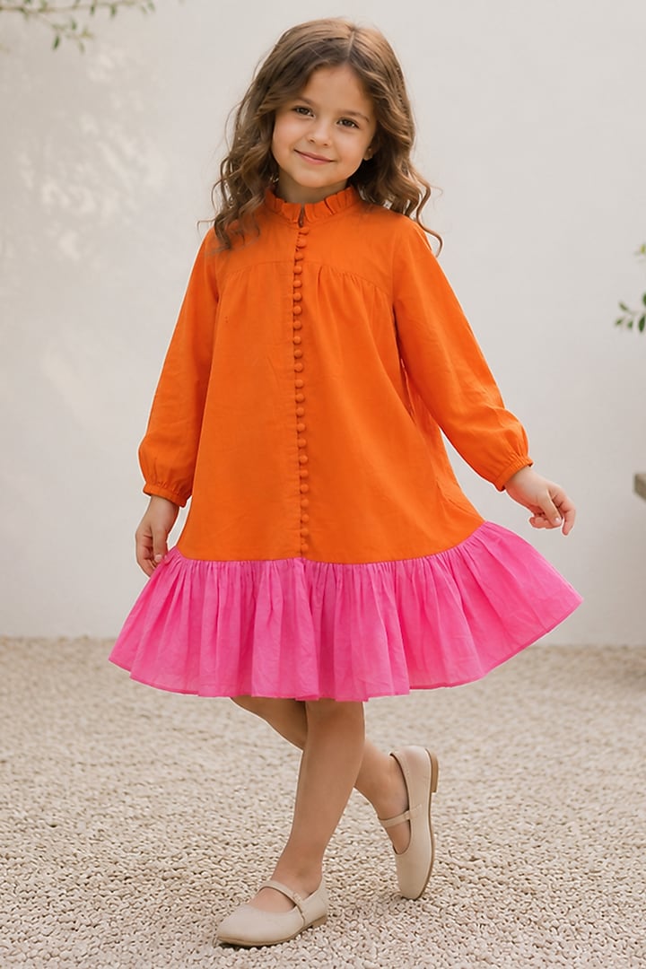 Orange & Pink Cotton Ruffled Dress For Girls by House Of Jamoti Kids at Pernia's Pop Up Shop