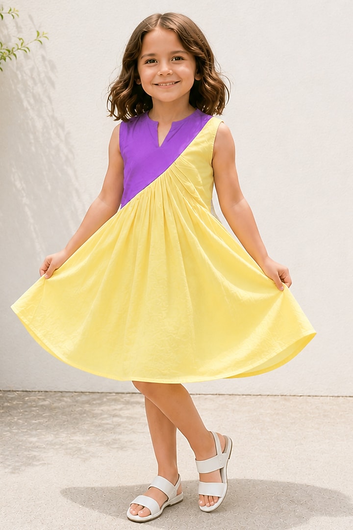 Purple & Yellow Cotton Dress For Girls by House Of Jamoti Kids at Pernia's Pop Up Shop