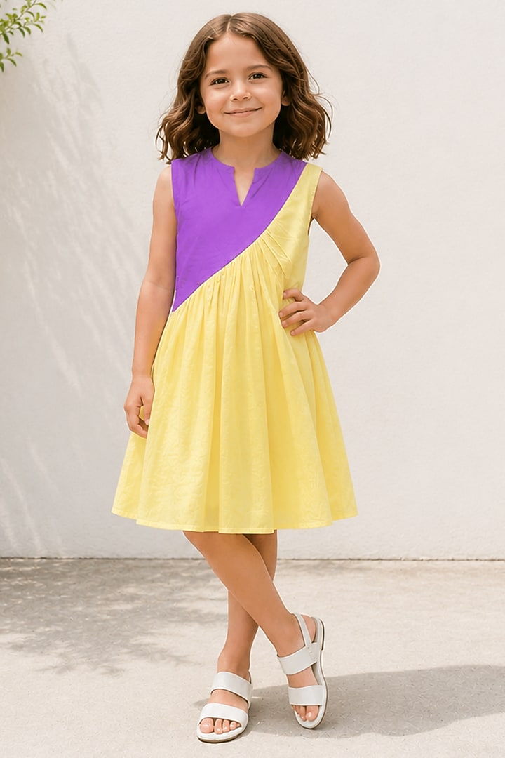 Purple & Yellow Cotton Dress For Girls by House Of Jamoti Kids at Pernia's Pop Up Shop
