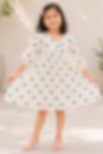 White & Turquoise Kora Cotton Dress For Girls by House Of Jamoti Kids at Pernia's Pop Up Shop