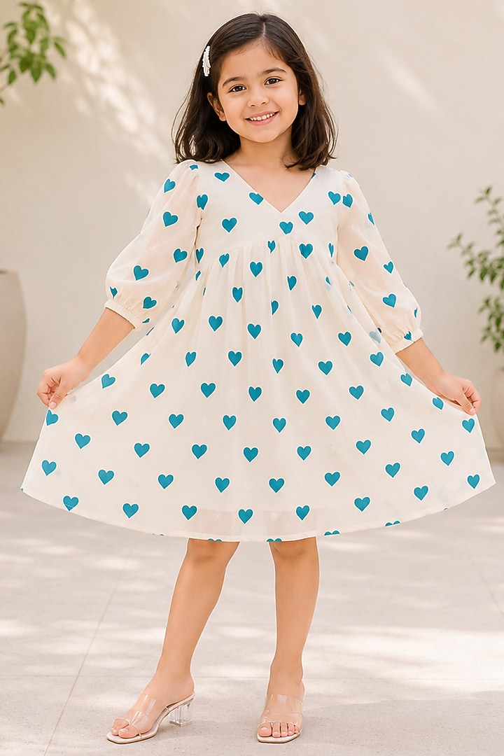 White & Turquoise Kora Cotton Dress For Girls by House Of Jamoti Kids at Pernia's Pop Up Shop