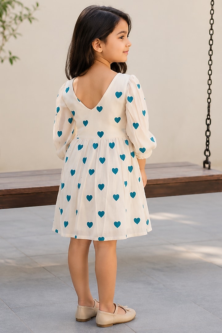 White & Turquoise Kora Cotton Dress For Girls by House Of Jamoti Kids at Pernia's Pop Up Shop