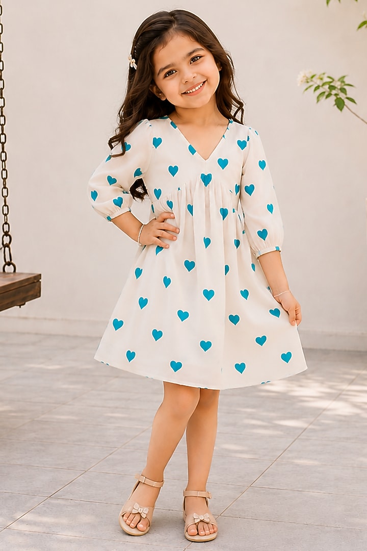 White & Turquoise Kora Cotton Dress For Girls by House Of Jamoti Kids at Pernia's Pop Up Shop