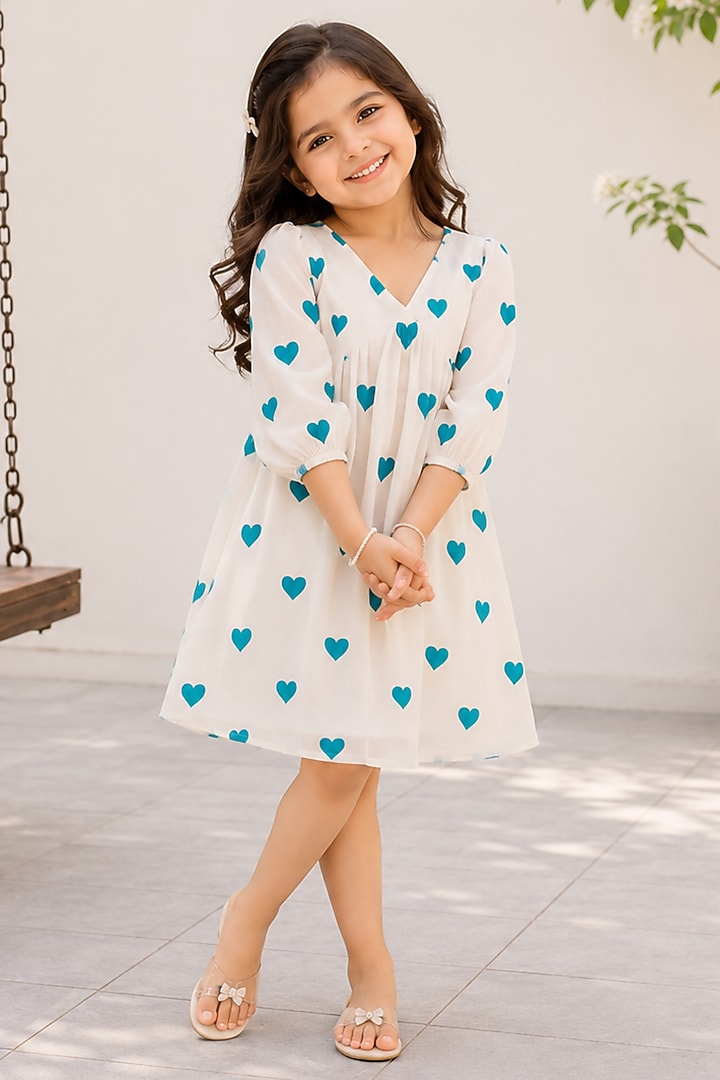 White & Turquoise Kora Cotton Dress For Girls by House Of Jamoti Kids at Pernia's Pop Up Shop