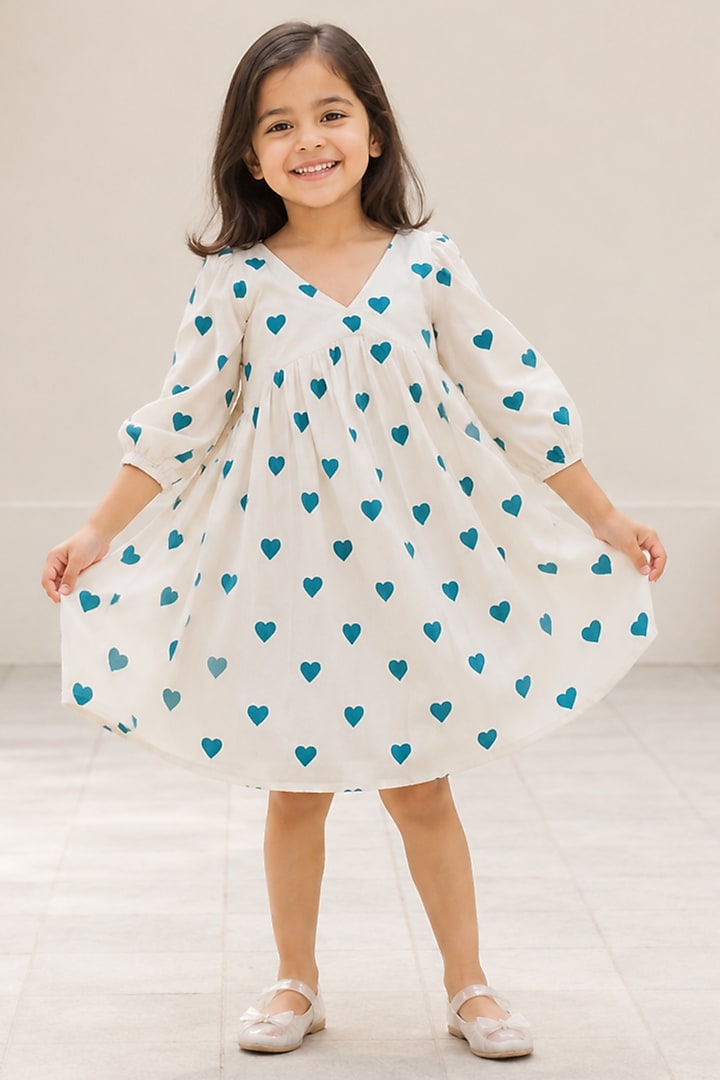 White & Turquoise Kora Cotton Dress For Girls by House Of Jamoti Kids at Pernia's Pop Up Shop